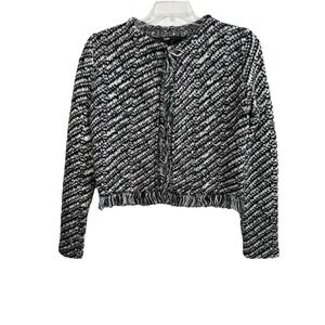 Maje Mask Metallic Boucle' Knit Cardigan Sweater Size 1 Small Black White Fringe